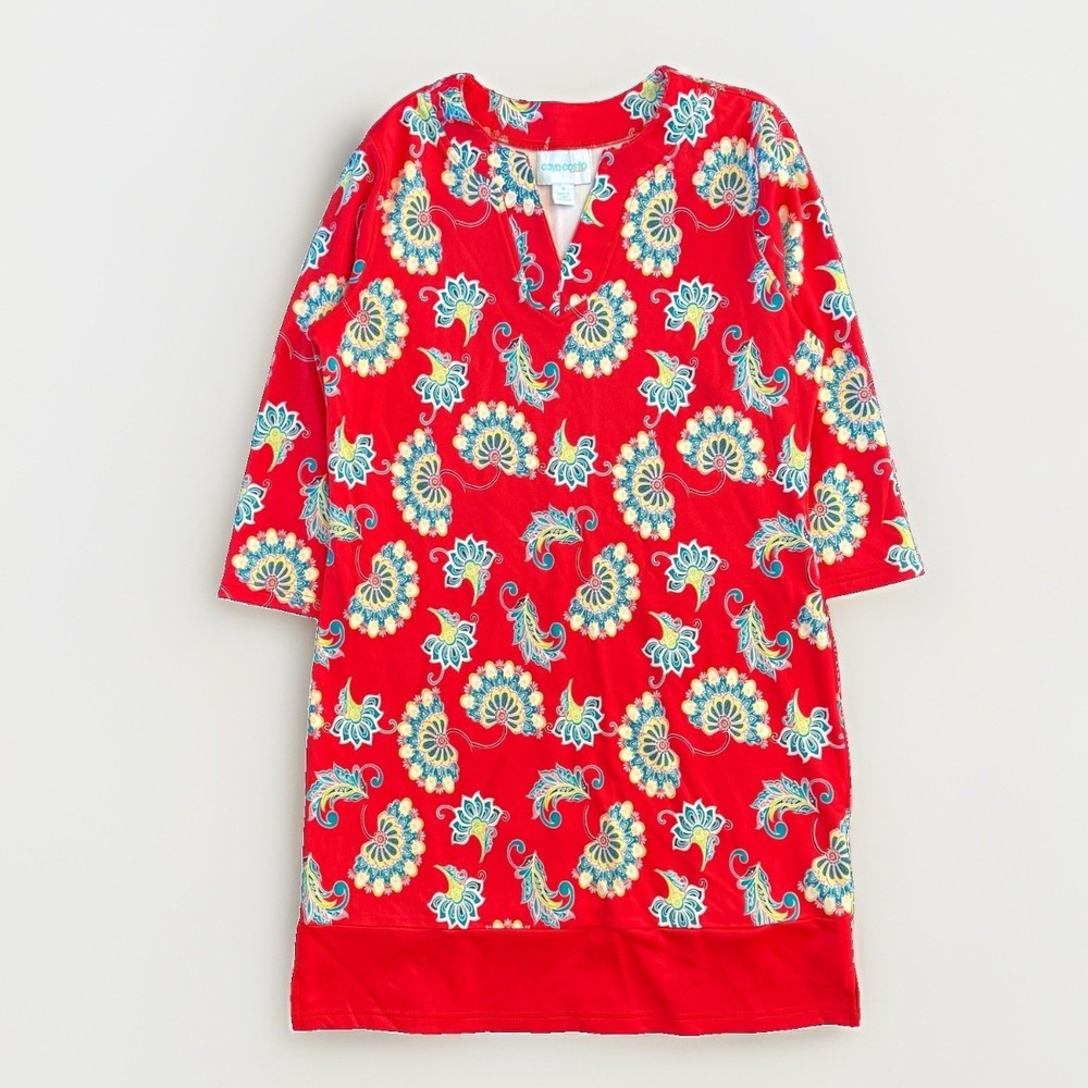 Caya Costa UV Protection Boho Mod Midi Dress M 3/4 Sleeve Red Paisley Resortwear